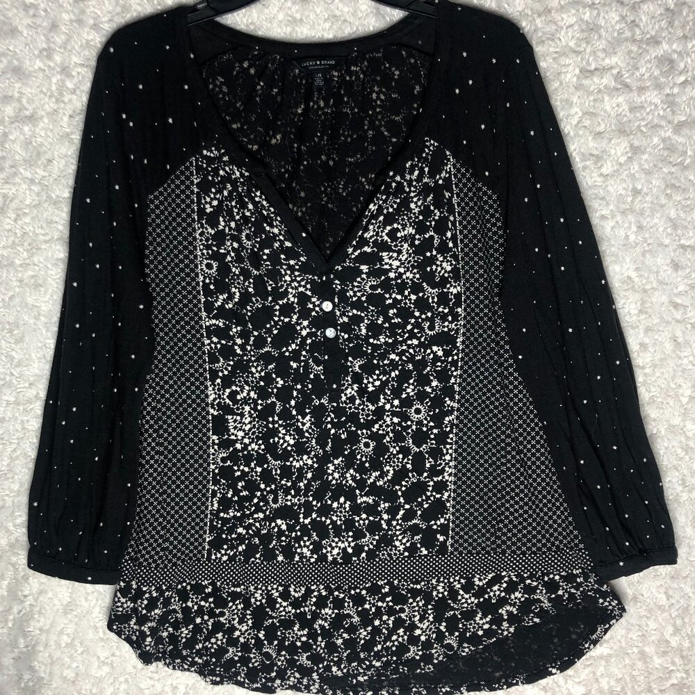 Lucky Brand Moon Mix Peasant Boho Women's Blouse Black Size Large
